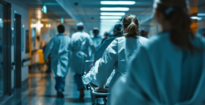 Healthcare workers in busy hospital during emergency